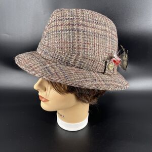 Mens Pendelton Brown PLAID FEDORA HAT Size L 100% Pure Virgin Wool w/ Feather